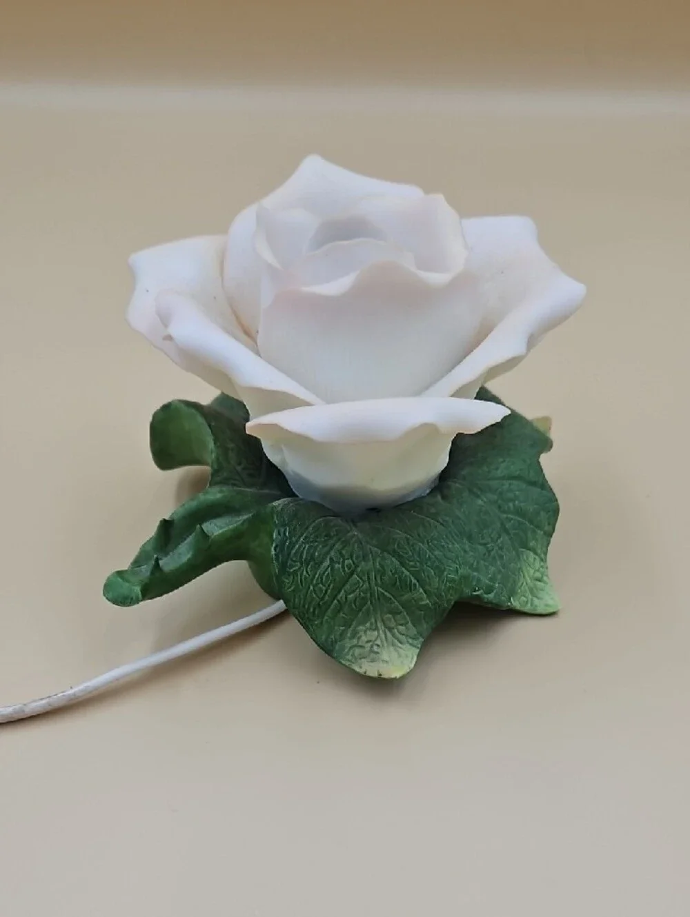 White Rose Night Light with Green Leaf Base